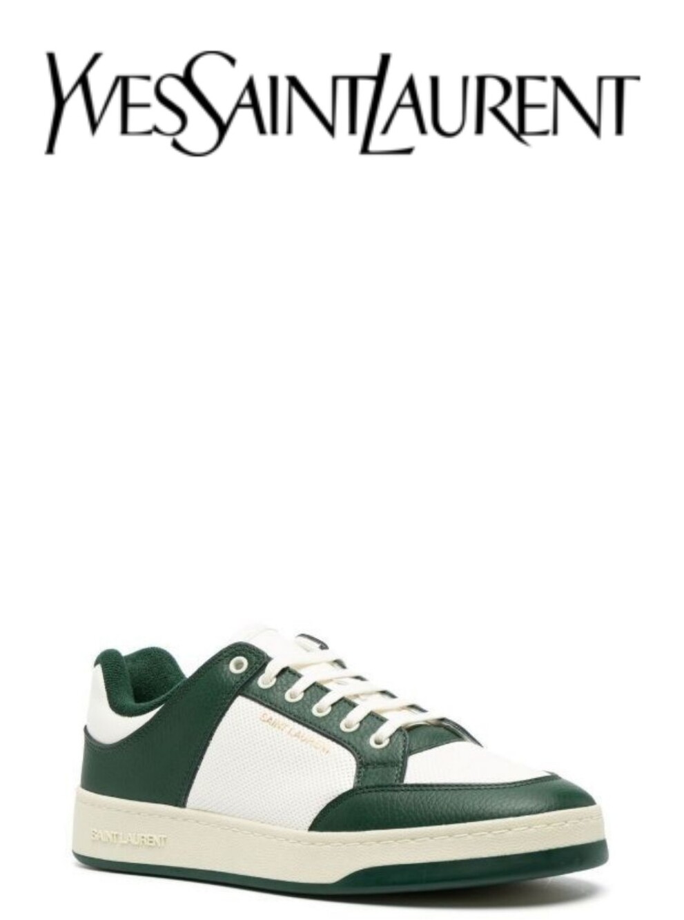 NWT Saint Laurent Green and White Low-Top Sneakers With Box & Cards